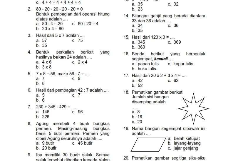 15 Contoh Soal Matematika Kelas 4 SD Semester 2 dan Jawabannya yang Sering Keluar di Ujian