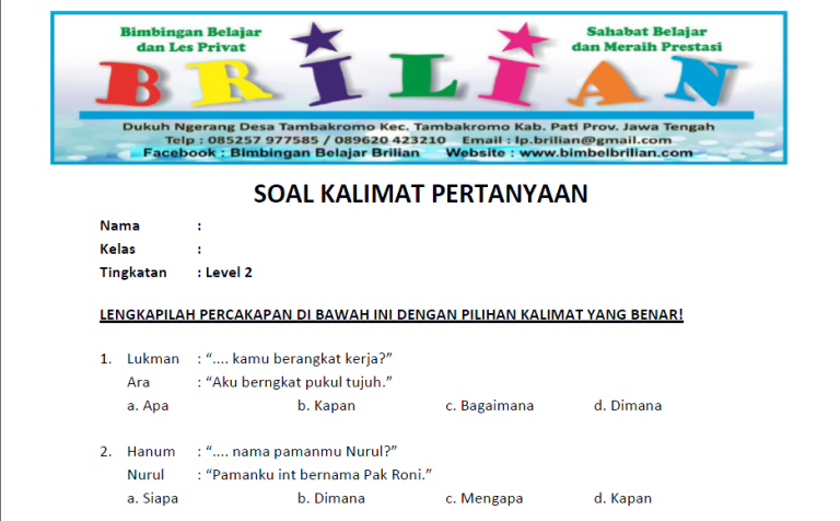 15 Contoh soal kalimat tanya kelas 2 SD yang sering keluar dan wajib dipelajari siswa