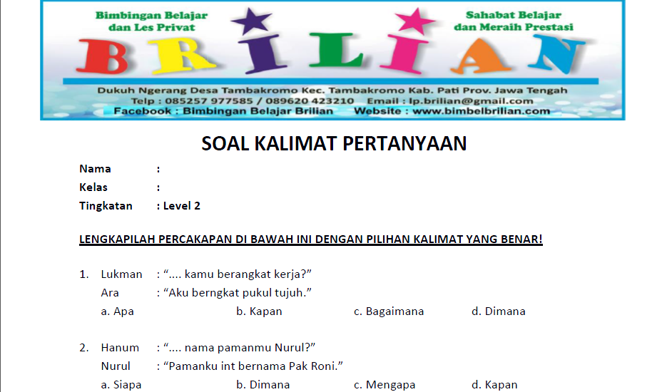 15 Contoh soal kalimat tanya kelas 2 SD yang sering keluar dan wajib dipelajari siswa