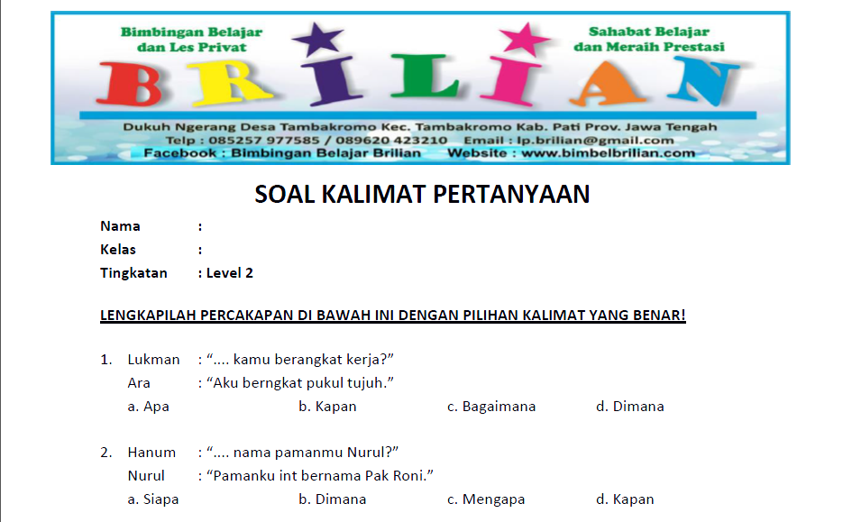 15 Contoh soal kalimat tanya kelas 2 SD yang sering keluar dan wajib dipelajari siswa