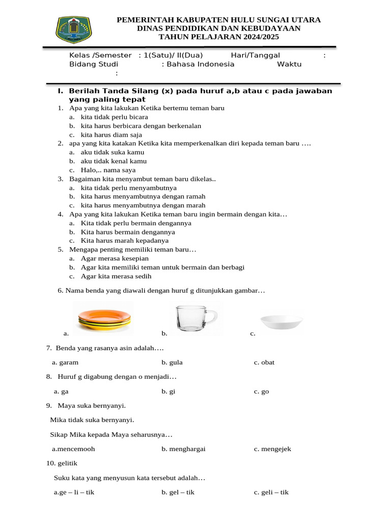 Soal Bahasa Indonesia Kelas 1 Semester 2 PDF