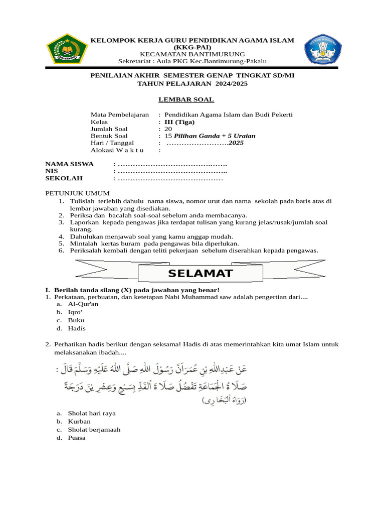 Soal PAI Kelas 3 Semester 2 PDF