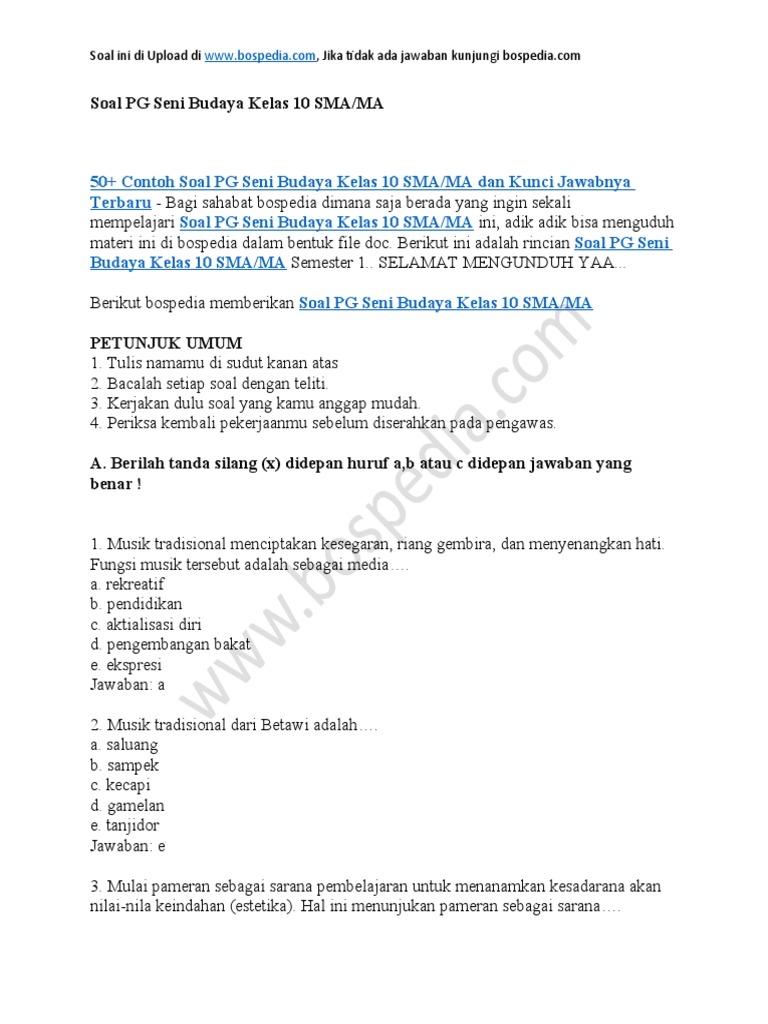 Menguasai Seni Budaya Kelas 10 Semester 1 Panduan Lengkap Contoh Soal