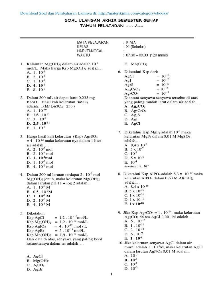 Contoh Soal Kimia Kelas 12 Semester 2 Contoh Soal Kimia Kelas 12 Semester 2