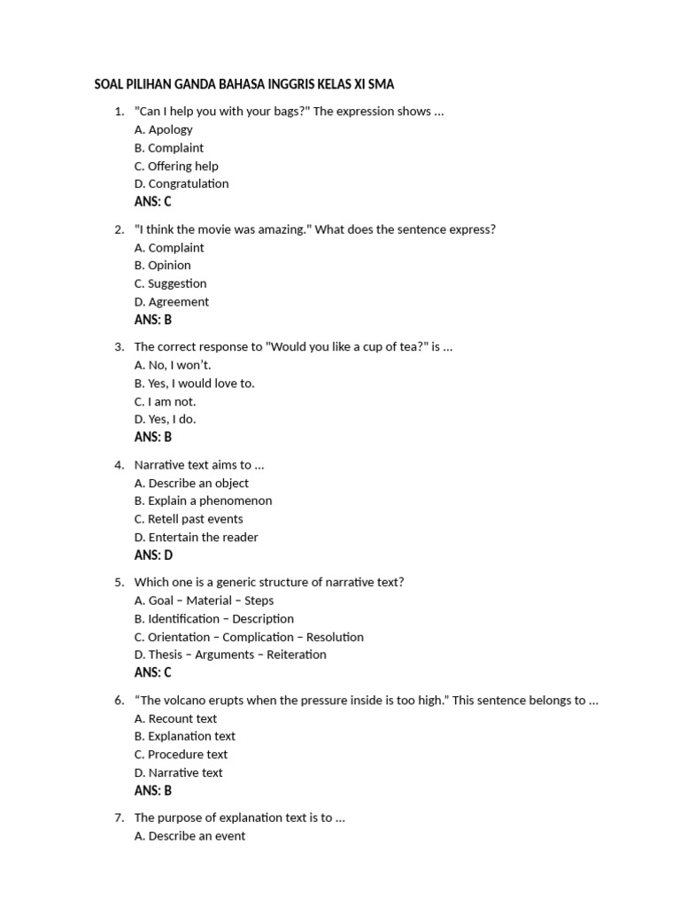 50 soal pilihan ganda bahasa inggris kelas xi semester 2