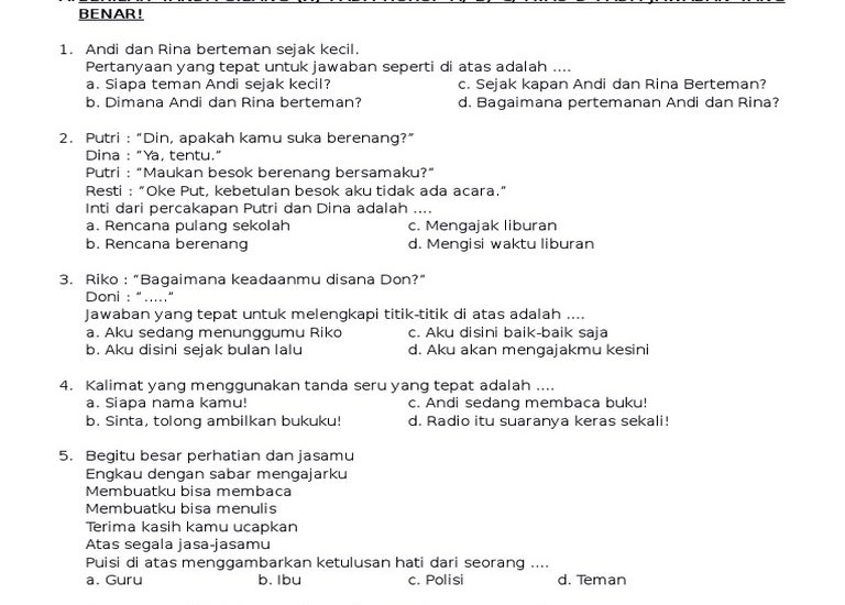 Bocoran 10 Contoh Soal Ulangan Bahasa Indonesia Kelas 3 Semester 2 yang Sering Muncul