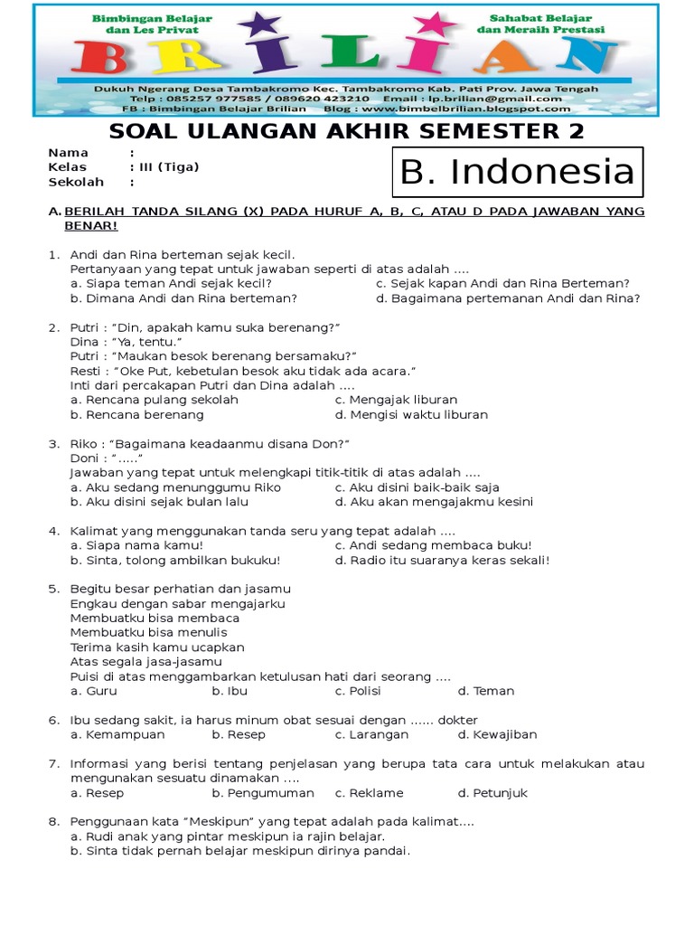 Bocoran 10 Contoh Soal Ulangan Bahasa Indonesia Kelas 3 Semester 2 yang Sering Muncul
