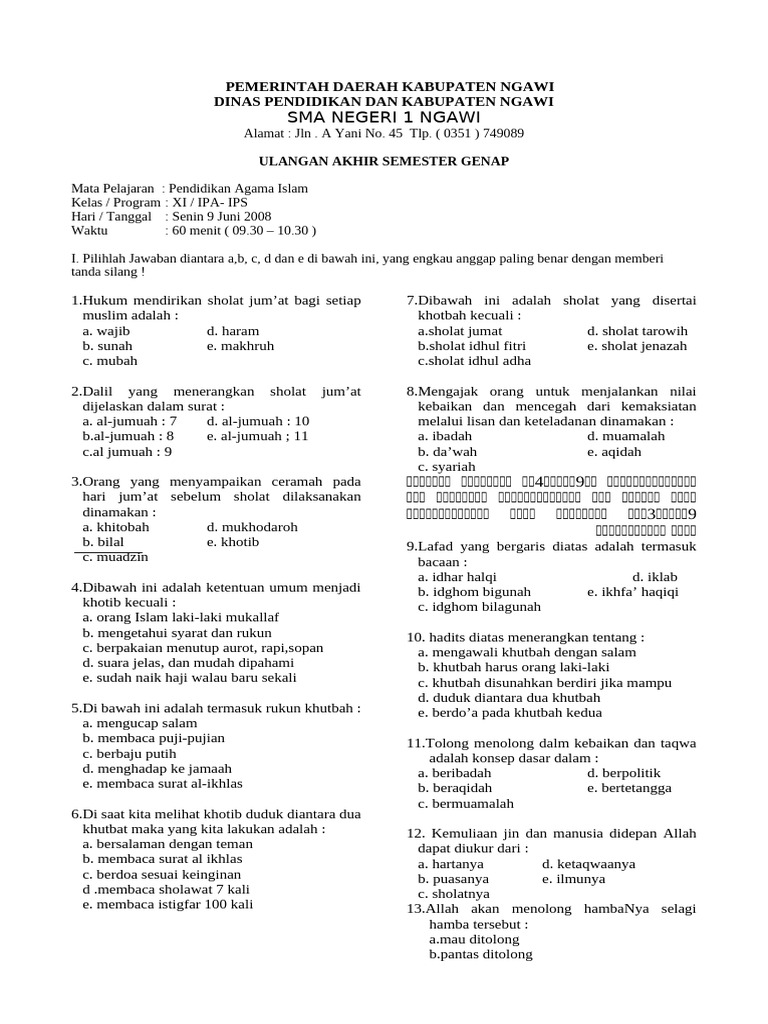 Bocoran 50 soal pg agama islam kelas 11 semester 2 yang sering keluar saat ujian sekolah
