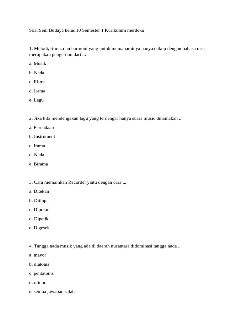 Soal Seni Budaya Kelas 10 Kurikulum Merdeka PDF