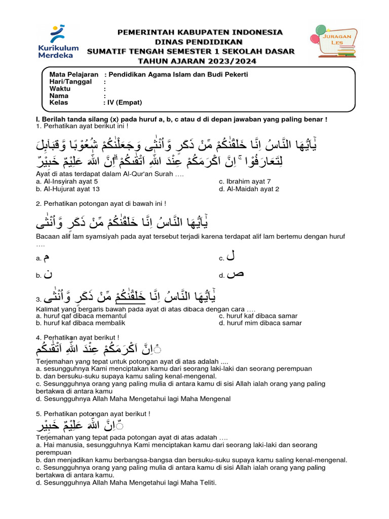 soal ukk agama islam kelas 4 semester 2