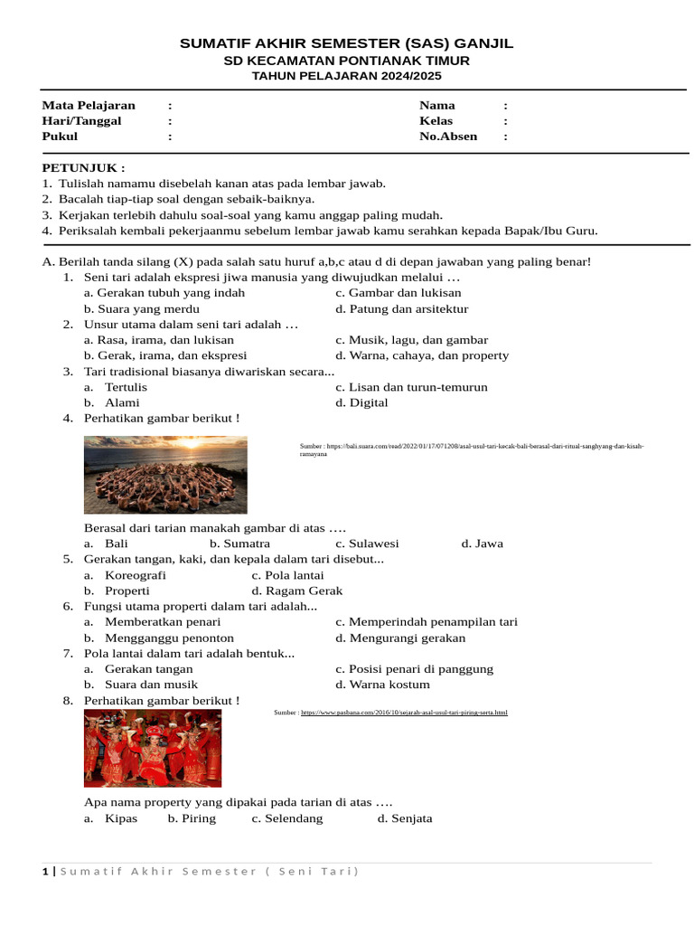 Soal SAS Seni Budaya Kelas 6 PDF